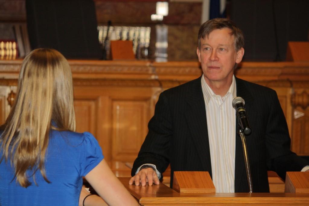 Democrat Gov. Hickenlooper speaks to students at Capitol Hill Day. Photo by Tomas Muelling.