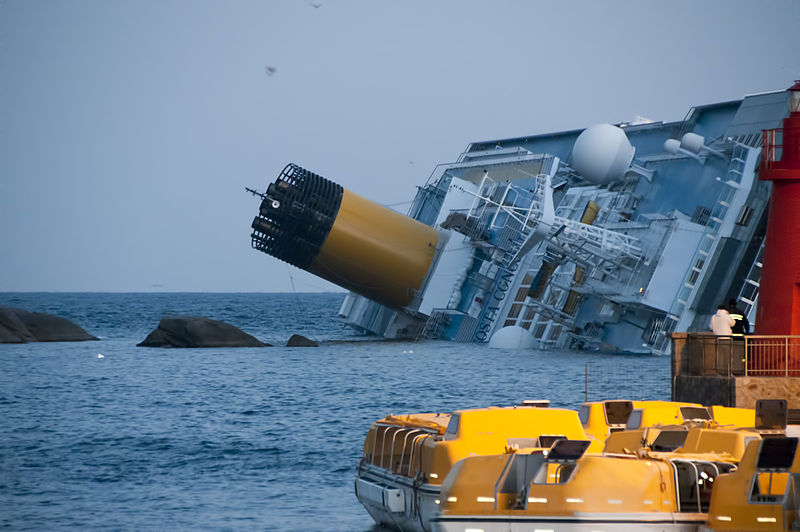 The Costa Concordia after running aground off the coast of Italy. Photo credit: Wikimedia Commons