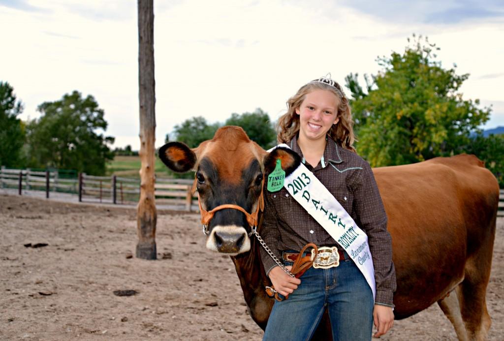 Larimer County Dairy Princess Lauren Schneider and Jersey cow Tinker Bell. Photo courtesy of Lauren Schneider.