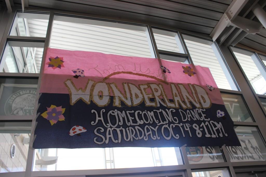 Homecoming advertisement hanging above the front door. Photo credits: Alivia Smith