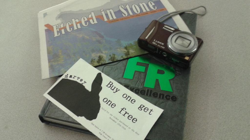 Collage of theater, yearbook, newspaper and a camera to represent TV