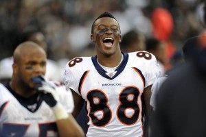 Denver Broncos wide receiver Demaryius Thomas (88) and the Broncos bench were all smiles after Eddie Royal returned a punt for a touchdown in the fourth quarter against the Oakland Raiders November 6, 2011 at O.co Coliseum in Oakland. John Leyba, The Denver Post