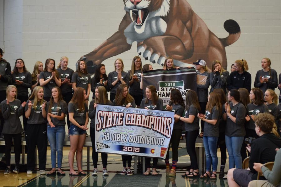 Girls+proudly+hold+their+banner+Photo+Credit%3A+Fossil+Ridge+Petroglyphs+Yearbook