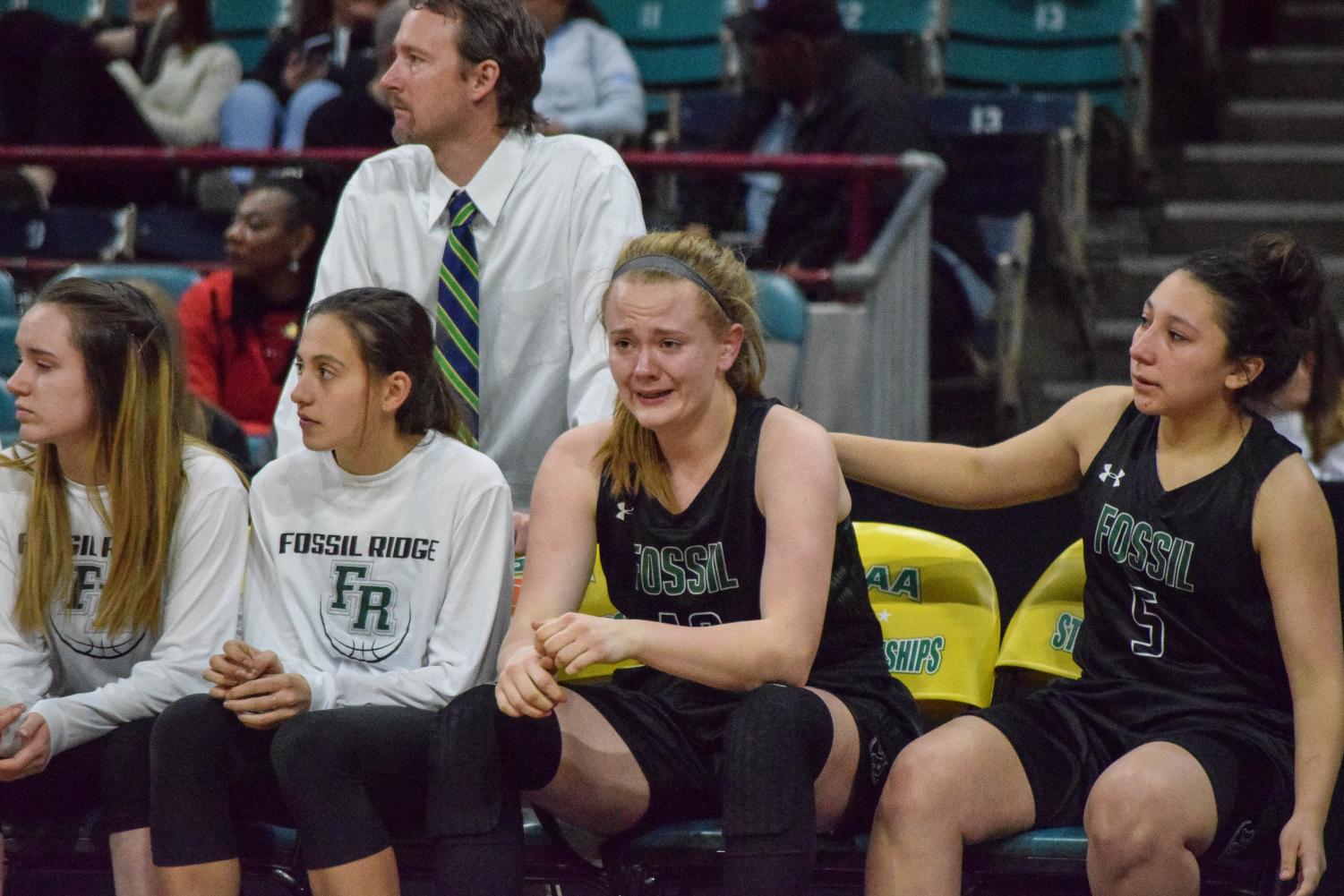 Senior Riley Dunn in tears as she steps off the court for the final time as a Sabercat Photo Credit: Olivia Doro