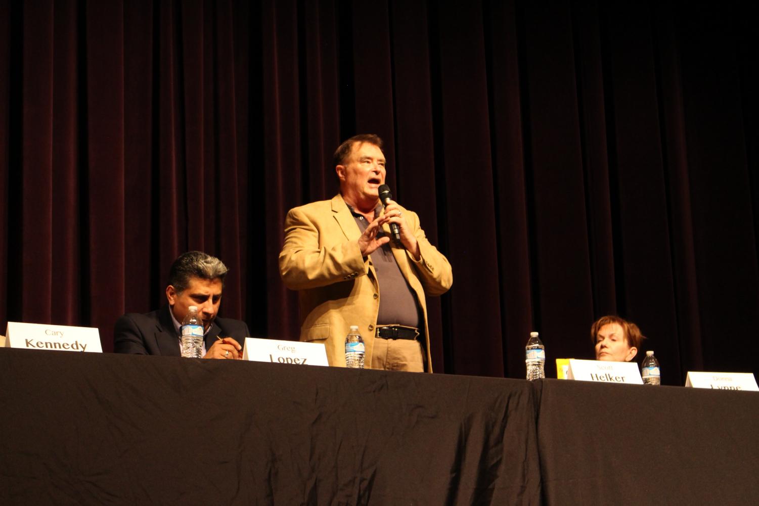 Scott Helker expresses his views to citizens at Fossil Ridge High School.
Photo Credits: Liam H. Flake