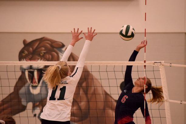Junior Peyton Dunn goes for a block 