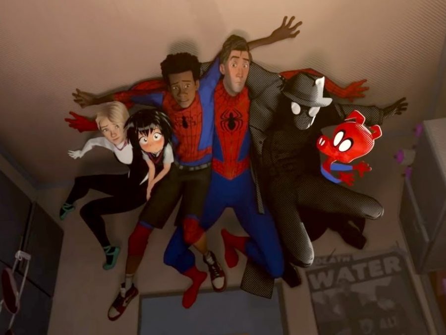 All+versions+of+Spider-Man+in+the+film+hide+from+Miles+roommate+by+crowding+in+the+corner+of+the+ceiling.+