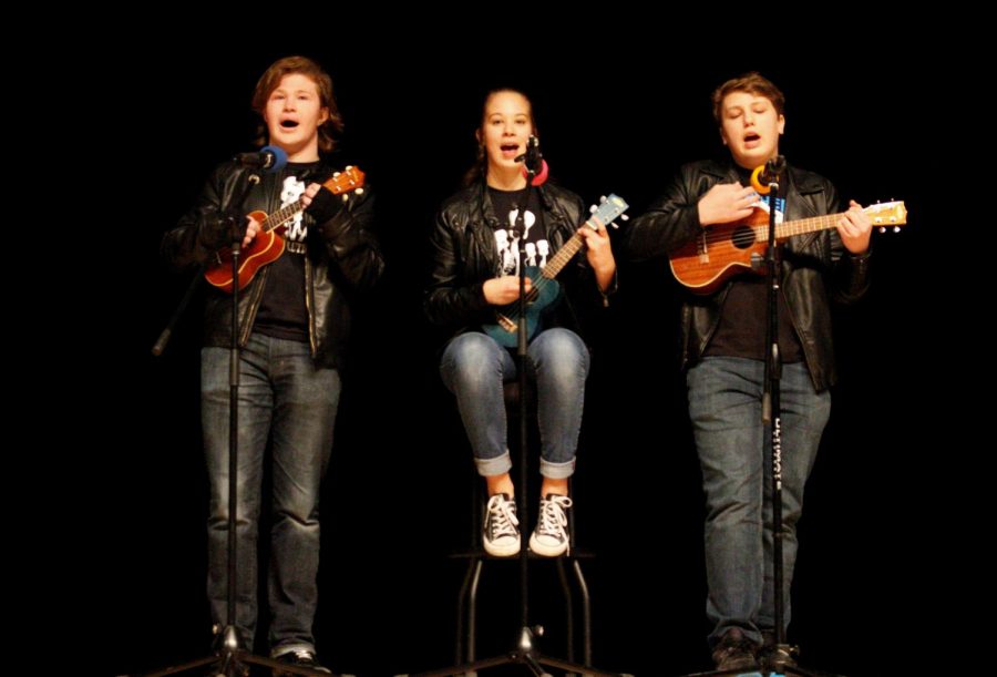 Fossils club, Uke Revolution, covered Johnny Cashs Ring of Fire on the ukulele. Brya Bauer, Liam H. Flake, and Brayden Lake, all ukulele enthusiasts, sang and played their instruments. Club sponsor Lana Fain was thrilled.  
