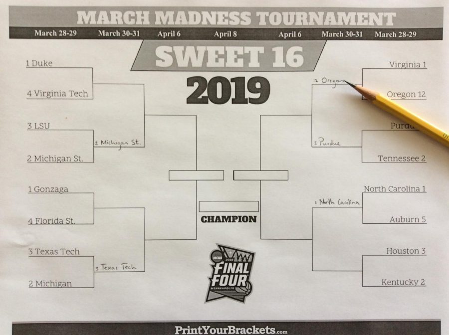 The Sweet 16 bracket with our four predictions.