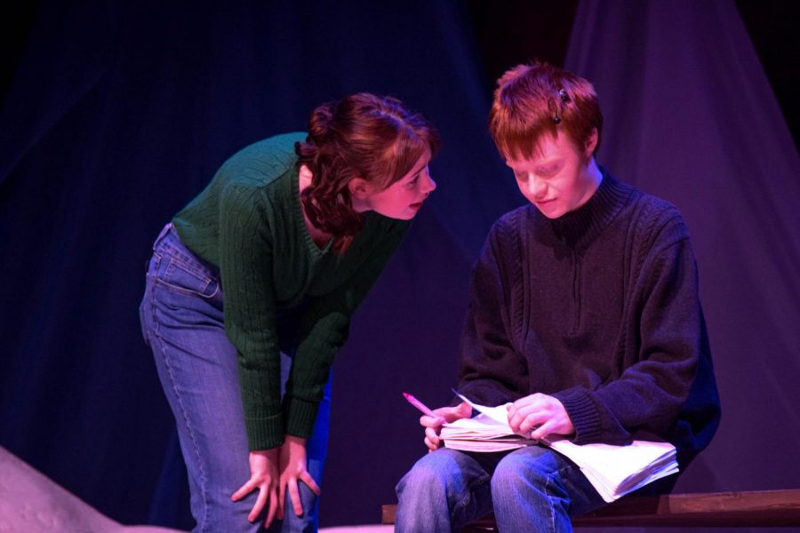 Marvalyn (Caitlin Purcell) and Steve (Evan Kiser) look at a book of Things to be afraid of.