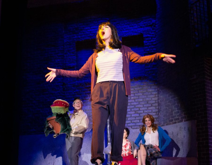 A DooWop (Molly Wulff) sings center stage with Seymour and the other DooWops grinning behind her.