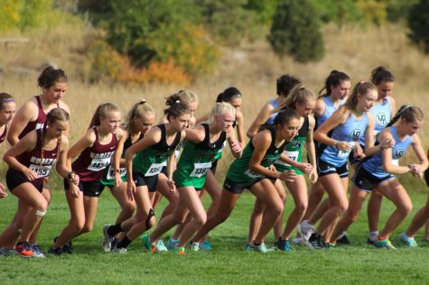 The girls varsity team launching off as the race begins