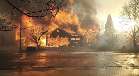 Raulfs friends house in flames as the Marshall Fire quickly spread. Christmas lights can be seen hung on the tree near by as the fires occurred just days after Christmas.