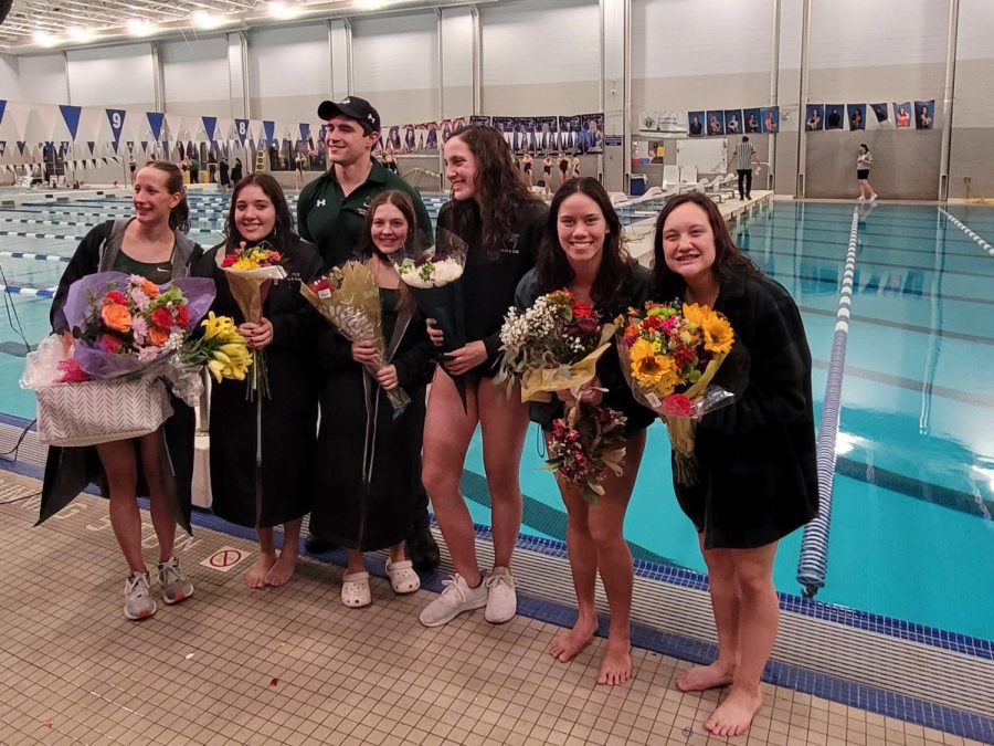 From Left: Tali Hendrickson, Bella Cruz, Abby Grell, Renee Trombley, Lucy Bell and Renee Gillilan. The Fossil seniors with their coach James Rodriguez.