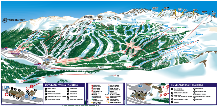Loveland Ski Area shows off their runs and possible resting spots throughout the resort.