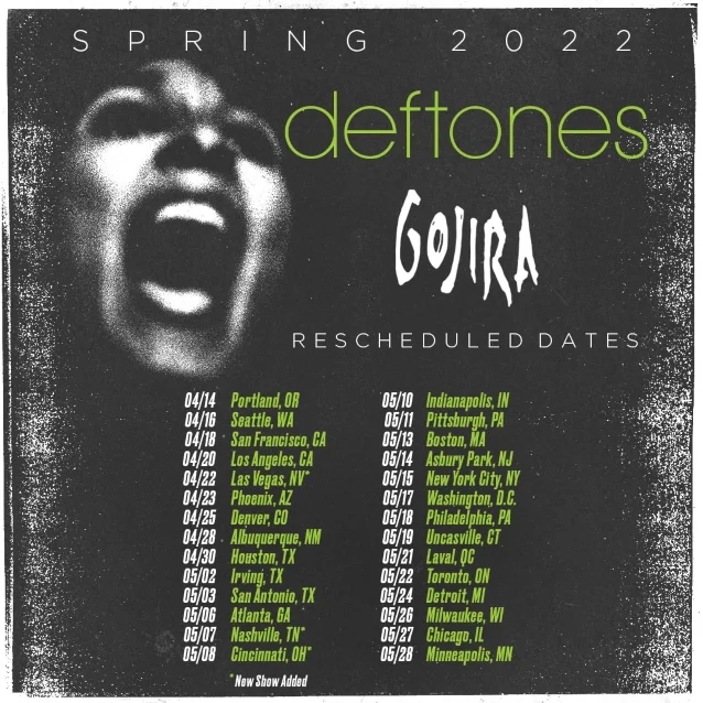 Deftones and Gojira promotional poster with rescheduled tour dates