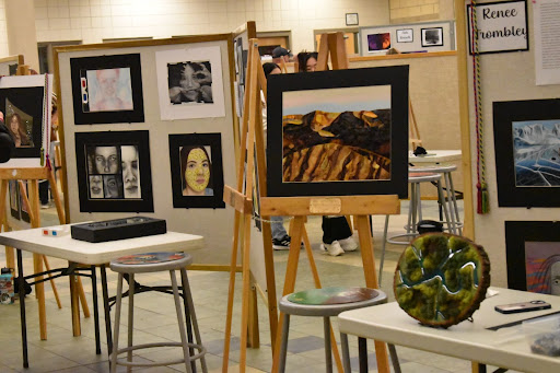 Some of the many works displayed in the AP Art showcase.