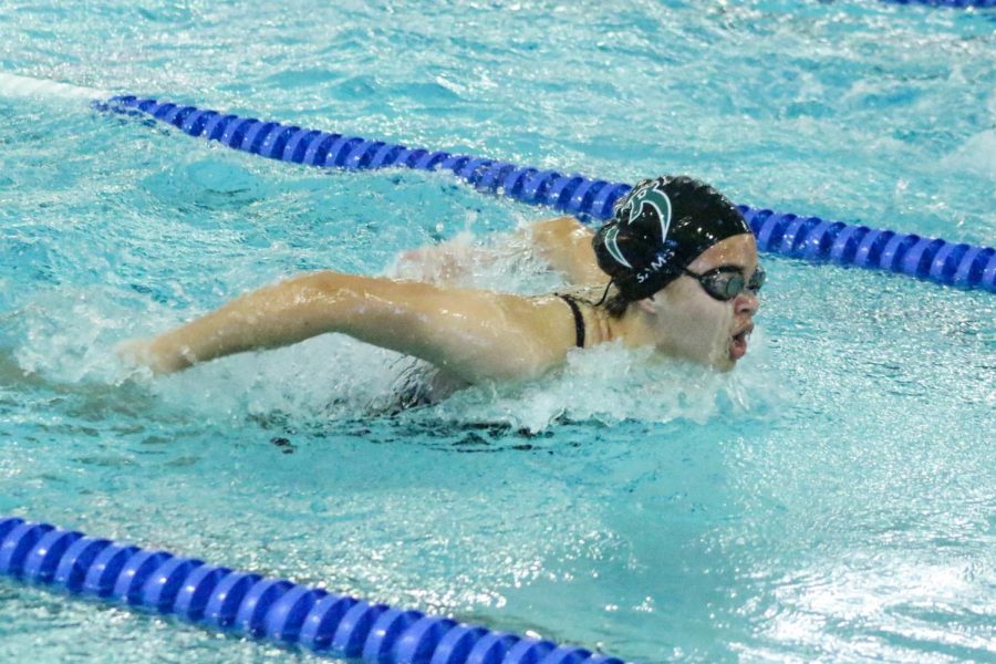 A Fossil Ridge swimmer during a meet earlier in the season.