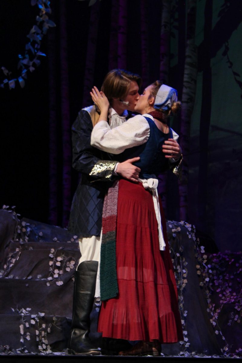 Cinderellas Prince kisses the Bakers Wife as they share a moment in the woods.