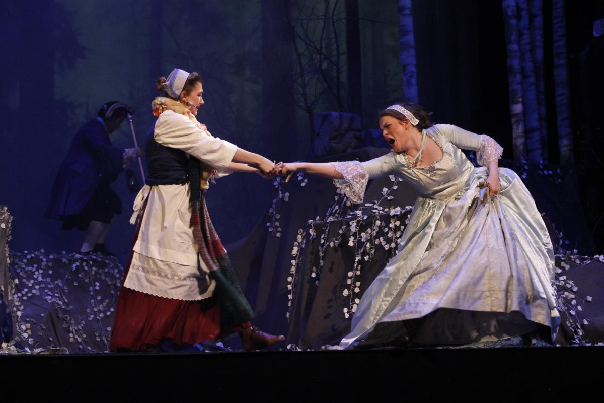 Cinderella and Bakers Wife fighting over Cinderellas slipper. 