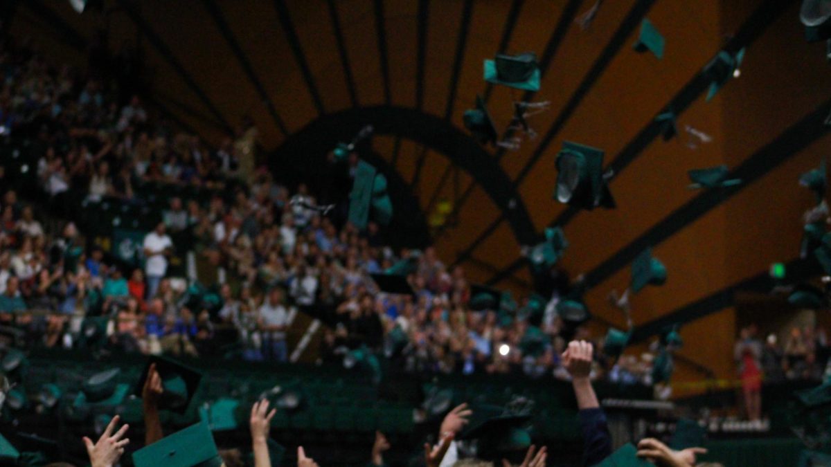 The Class of 2024 throw their caps into the air at the closing of graduation.
