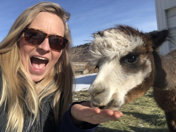 Lindsay Paulding enjoys time with an alpaca at an Experiential Education event for the Matthews House in December 2023. 