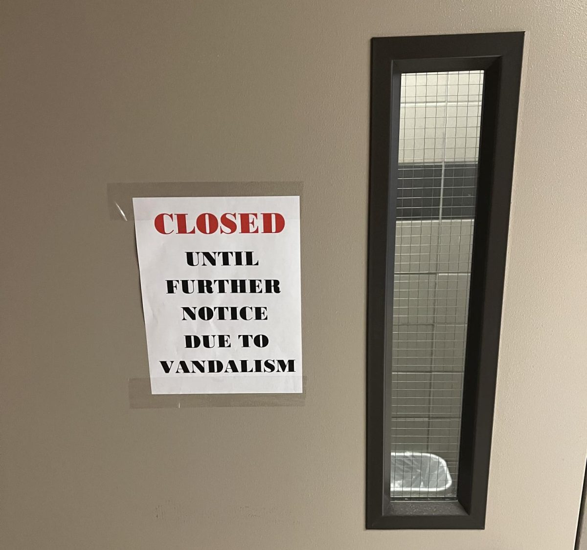 The first-floor girls’ restroom near the East Wing offices and the science wing remains closed.