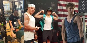 Max Koulov benching(left), Mitchel Malzahn and Tren Twins, Matias Miravalle posing at Prodigy gym(right).
