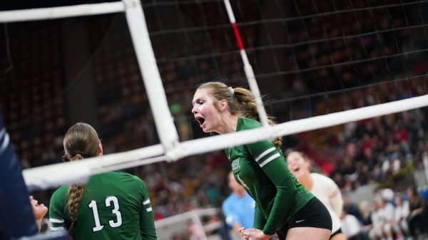 Junior Ella Wilson middle hitter celebrating after a play.