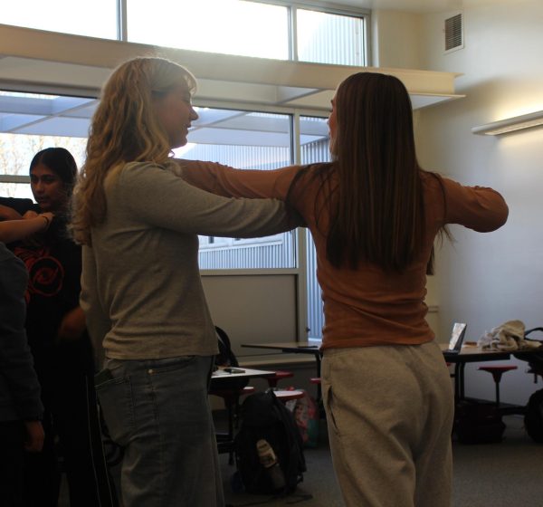 Senior Reagan Jones and junior Sophie Williams learn stances and combos at Self-Defense Club meeting in October.