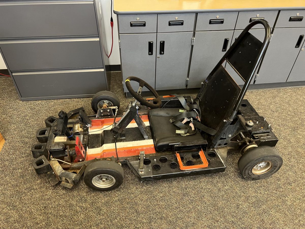 Go-Kart sits idle in the library after a semester of upgrades.
