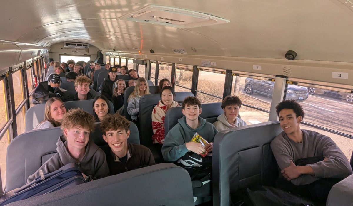 Fossil Ridge DECA state competitors on the bus at Fossil Ridge High School going to Colorado Springs on February 21, 2026.