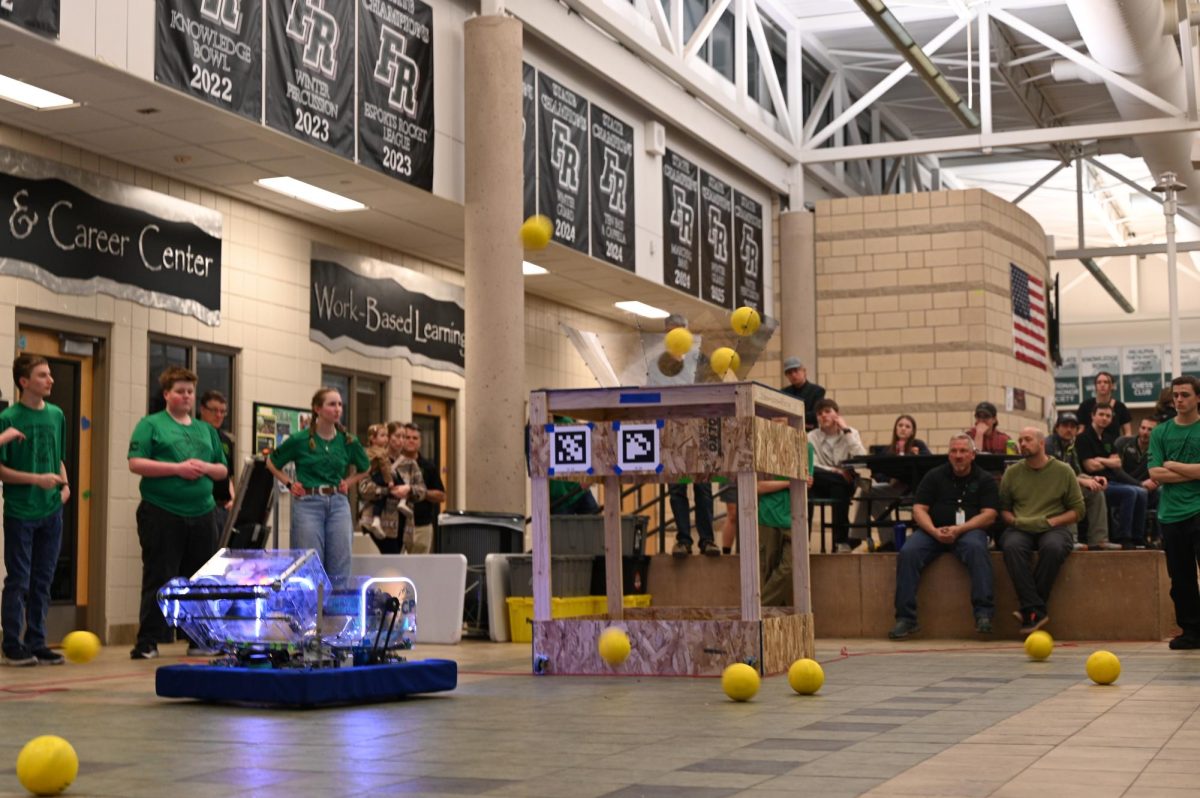The robot showing of its auto aim and shoot feature making it into the basket. 